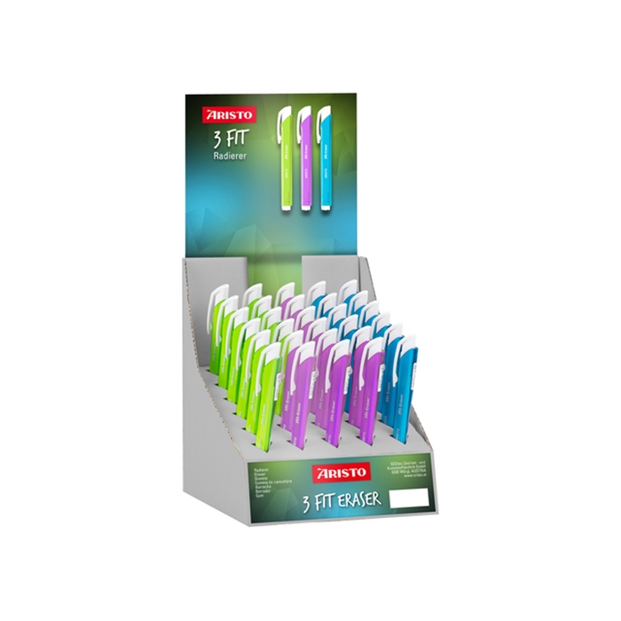 Afbeelding van ARISTO AR-VD87177 - Aristo Penvormige gum Display, 30 geassorteerde stukken, Kleuren: Transparant, blauw, groen