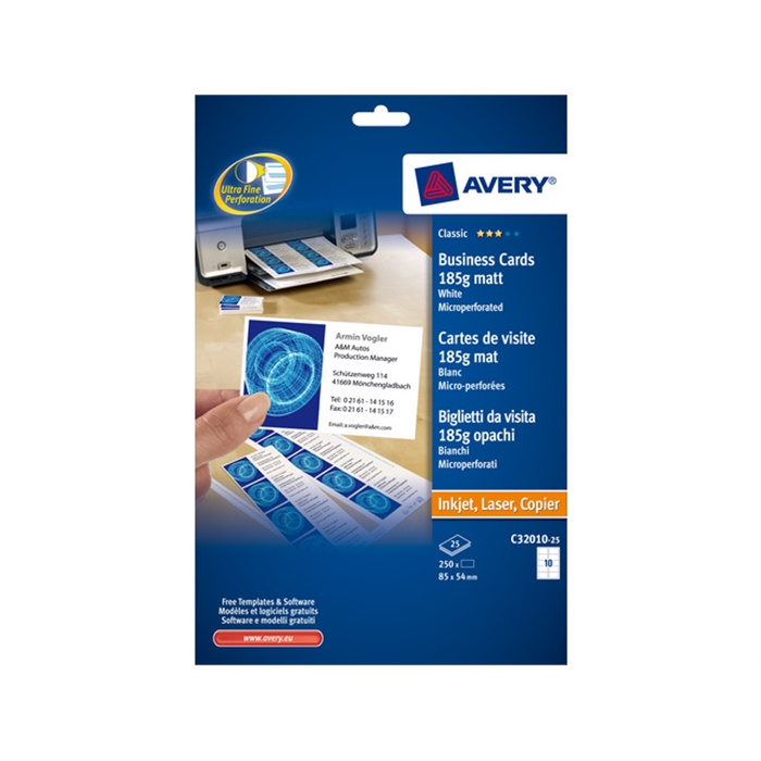 Picture of AVERY AV-C32010-25 - Business cards micro-perforated 85x54 mm, 185 gr, White, 25 sheets, 10 cards per sheet