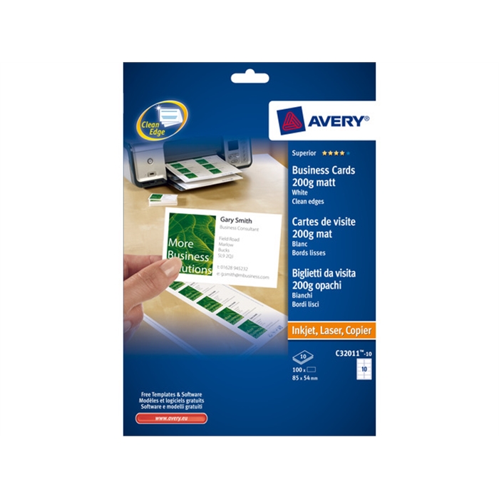 Afbeelding van AVERY AV-C32011-10 - Visitekaartjes "quick&clean" 85x54 mm, 200 gr, Wit, 10 vellen, 10 kaarten per vel