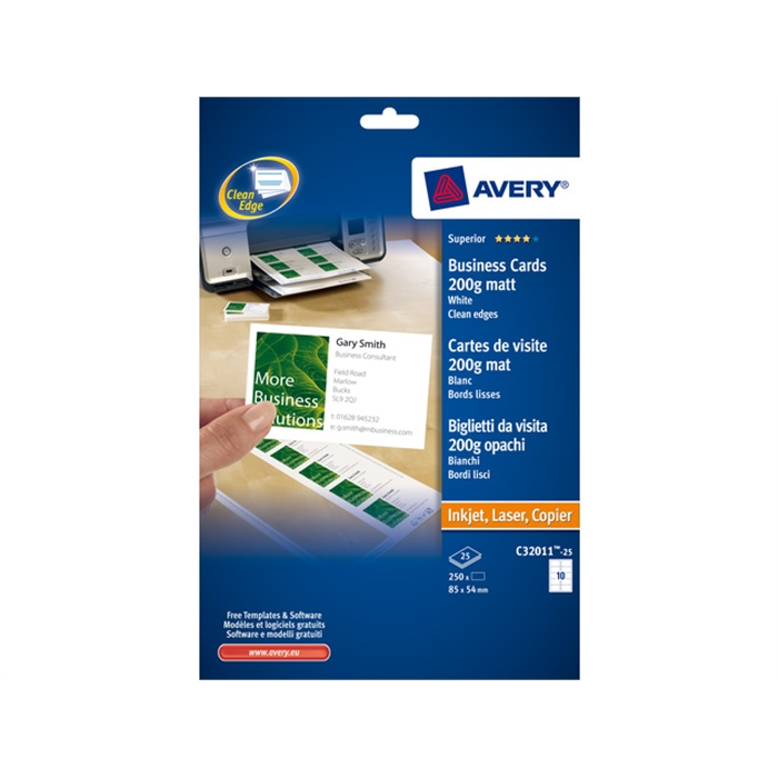 Image de AVERY AV-C32011-25 - Cartes de visite "quick&clean" 85x54 mm, 200 gr, Blanc, 25 feuilles, 10 cartes par feuille