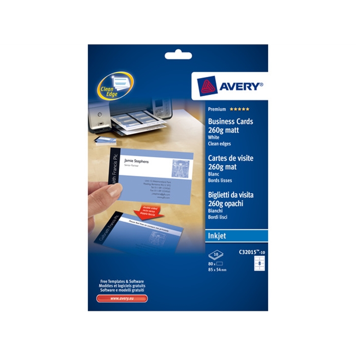 Picture of AVERY AV-C32015-10 - Business cards "quick&clean" 85x54 mm, 260 gr, White, 10 sheets, 10 cards per sheet
