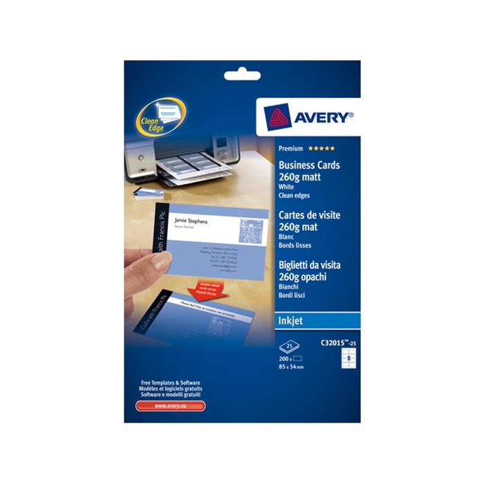 Picture of AVERY AV-C32015-25 - Business cards "quick&clean" 85x54 mm, 260 gr, White, 25 sheets, 8 cards per sheet