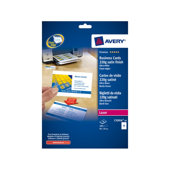 Picture of AVERY AV-C32016-10 - Business cards "quick&clean" 85x54 mm, 220 gr, White, 10 sheets, 10 cards per sheet