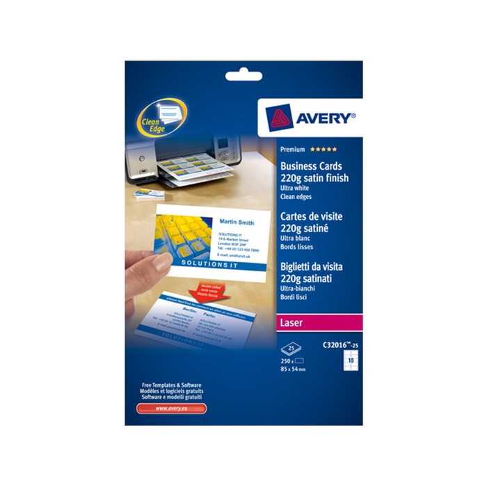 Picture of AVERY AV-C32016-25 - Business cards "quick&clean" 85x54 mm, 220 gr, White, 25 sheets, 10 cards per sheet