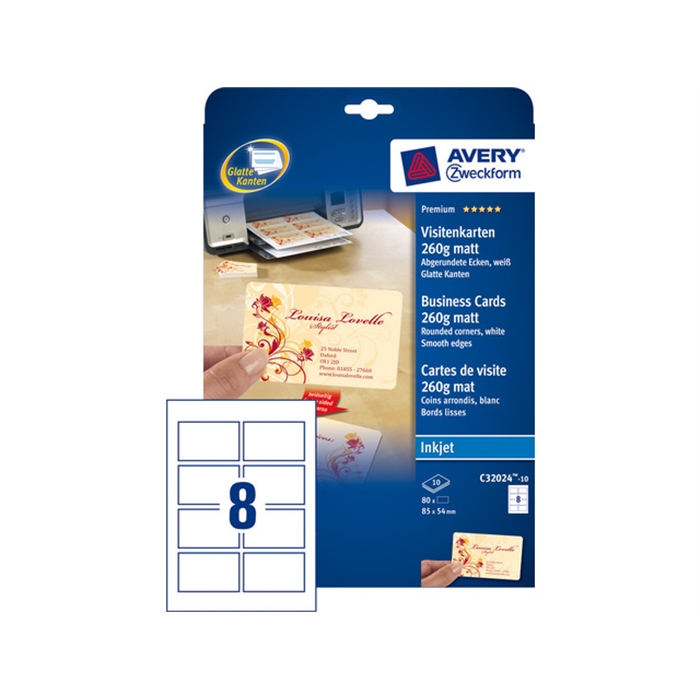 Image de AVERY AV-C32024-10 - Cartes de visite "quick&clean" 85x54 mm, 260 gr, Blanc, 10 feuilles, 8 cartes par feuille
