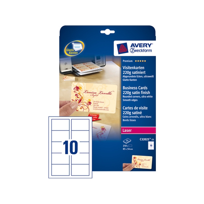 Image de AVERY AV-C32025-25 - Cartes de visite "quick&clean" 85x54 mm, 220 gr, Blanc, 25 feuilles, 10 cartes par feuille