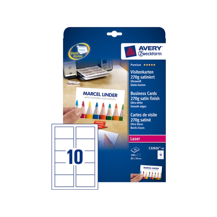 Image de AVERY AV-C32026-10 - Cartes de visite "quick&clean" 85x54 mm, 270 gr, Blanc, 10 feuilles, 10 cartes par feuille