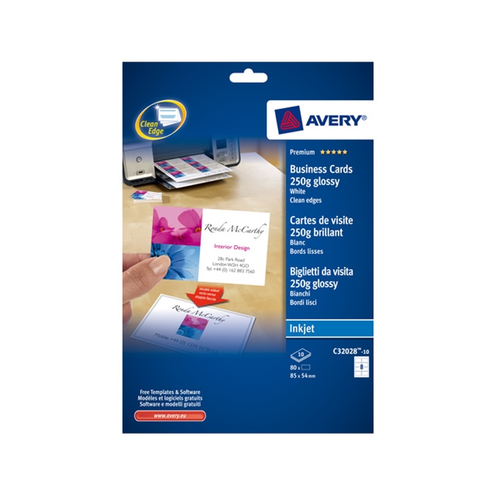 Image de AVERY AV-C32028-10 - Cartes de visite "quick&clean" 85x54 mm, 250 gr, Blanc, 10 feuilles, 8 cartes par feuille