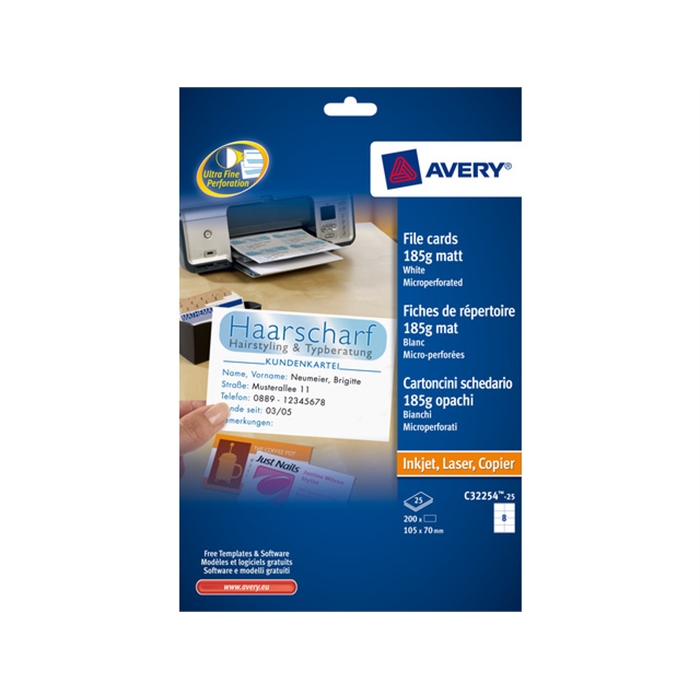 Afbeelding van AVERY AV-C32254-25 - Systeemkaart 105x70 mm, 185 gr, Wit, 25 vellen, 8 kaarten per vel
