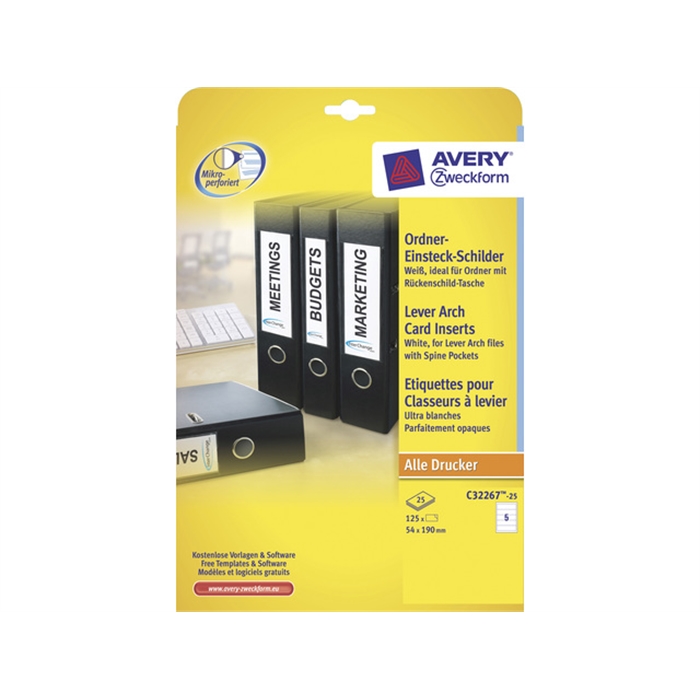 Afbeelding van AVERY AV-C32267-25 - Archiefkaarten laser 190x54 mm, 25 vellen, 5 etiketten per vel