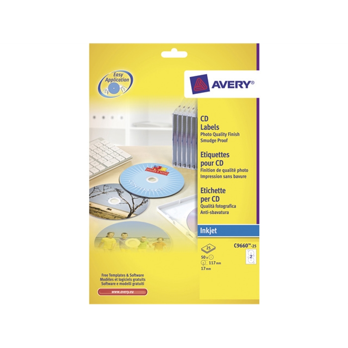 Image de AVERY AV-C9660-25 - Etiquette CD 117 mm, Blanc, grand format, qualité photo, 25 feuilles, 2 étiquettes par feuille