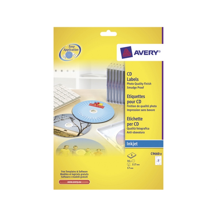 Image de AVERY AV-C9660-8 - Etiquette CD 117 mm, Blanc, grand format, qualité photo, 8 feuilles, 2 étiquettes par feuille