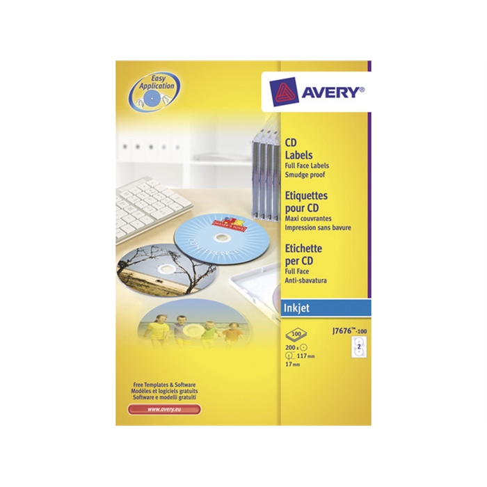 Image de AVERY AV-J8676-100 - Etiquette CD 117 mm, Blanc, grand format, 100 feuilles, 2 étiquettes par feuille