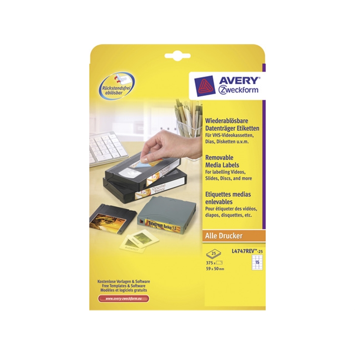Image de AVERY AV-L4747REV-25 - Etiquette disquette 59x50 mm Blanc, 25 feuilles, 15 etiquettes par feuille