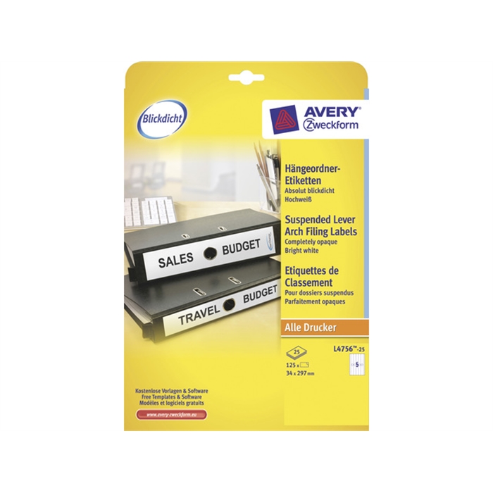 Afbeelding van AVERY AV-L4756-25 - Etiketten voor smalhangende bindmiddelen, 297x34 mm, Wit, 25 vellen, 5 etiketten per vel