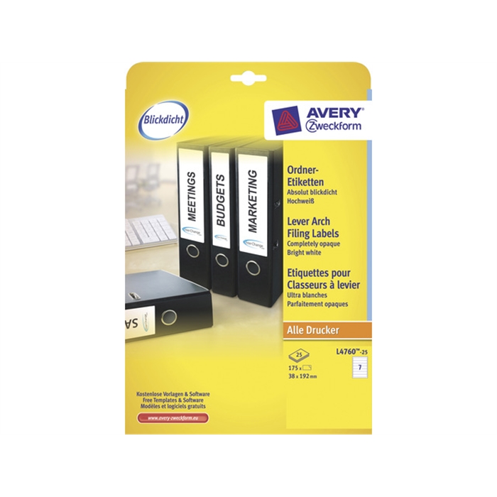 Afbeelding van AVERY AV-L4760-25 - Witte etiketten voor smalle achterkant van archiefkasten, 192x38 mm, 25 vellen, 7 etiketten per vel