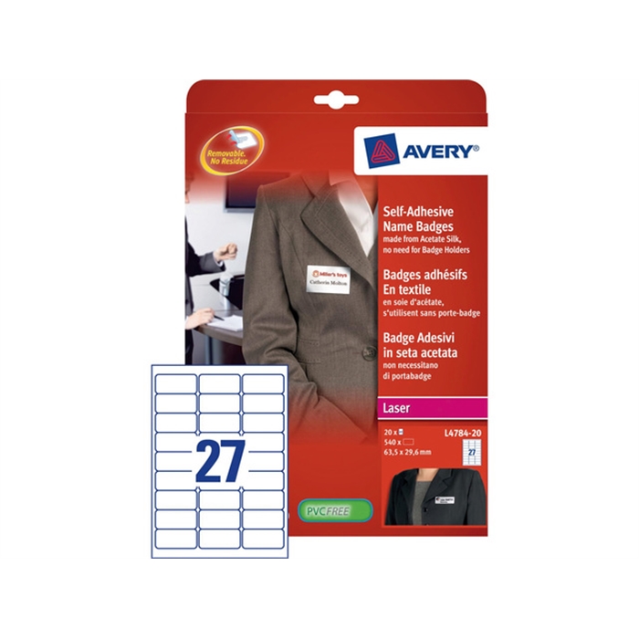 Image de AVERY AV-L4784-20 - Badges adhésifs en acétate 63,5x29,6 mm, 20 feuilles, 10 étiquettes par feuille, Blanc