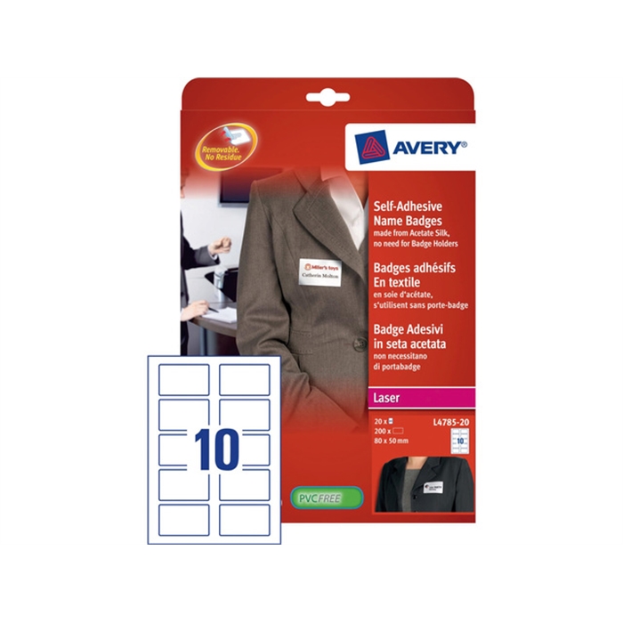 Image de AVERY AV-L4785-20 - Badges adhésifs en tissu 50x80 mm, 20 feuilles, 10 étiquettes par feuille, Blanc