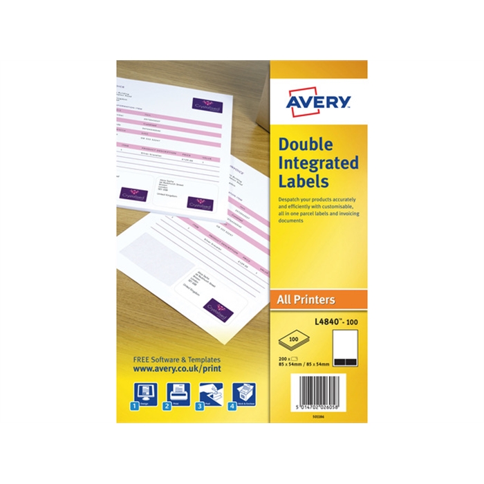 Image de AVERY AV-L4840-100 - Étiquettes pour envelopes / forme 85x54 mm, 85x54 mm, 2 par feuille, 100 feuilles