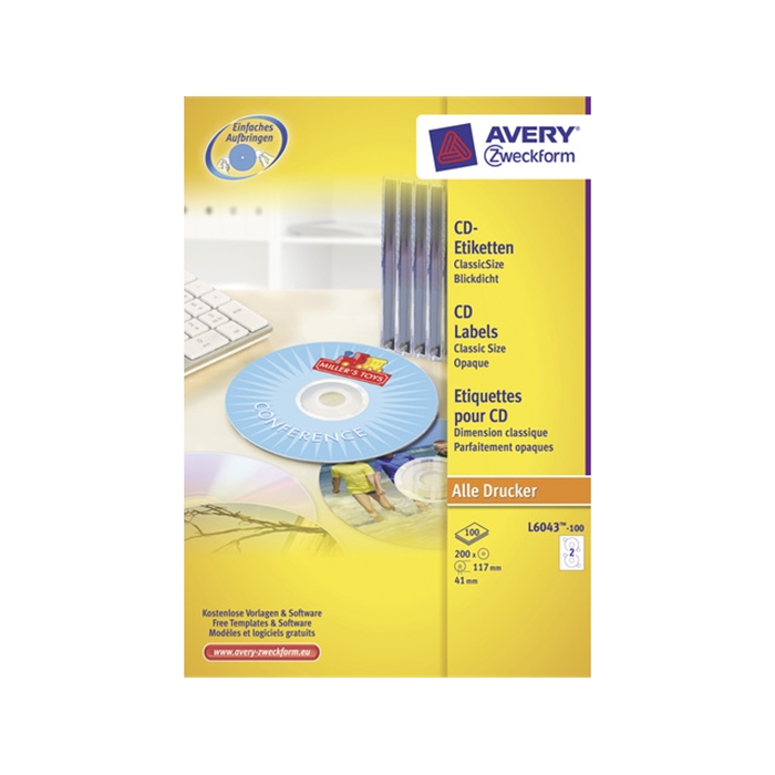 Image de AVERY AV-L6043-100 - Etiquette CD 117 mm, Blanc, format classique, 100 feuilles, 2 étiquettes par feuille