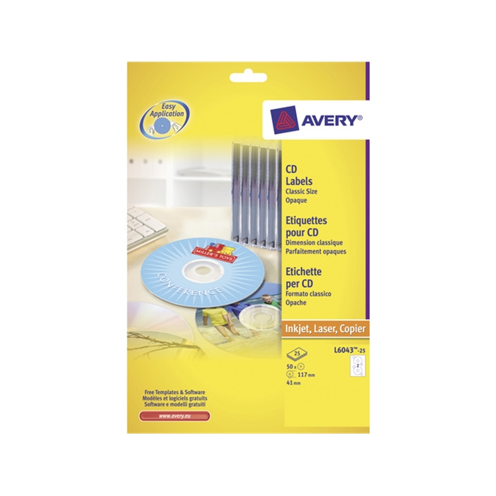 Image de AVERY AV-L6043-25 - Etiquette CD 117 mm, Blanc, format classique, 25 feuilles, 2 étiquettes par feuille