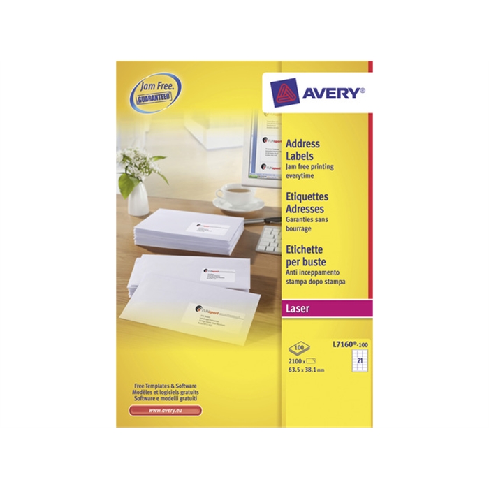 Image de AVERY AV-L7160-100 - Étiquette d'adresse facile à enlever 63,5x33,9 mm, Blanc, 40 feuilles, 24 étiquettes par feuille