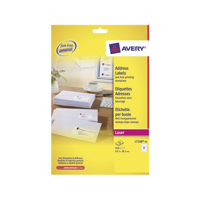 Image de AVERY AV-L7160-40 - Étiquette d'adresse facile à enlever 63,5x38,1 mm, Blanc, 250 feuilles, 21 étiquettes par feuille