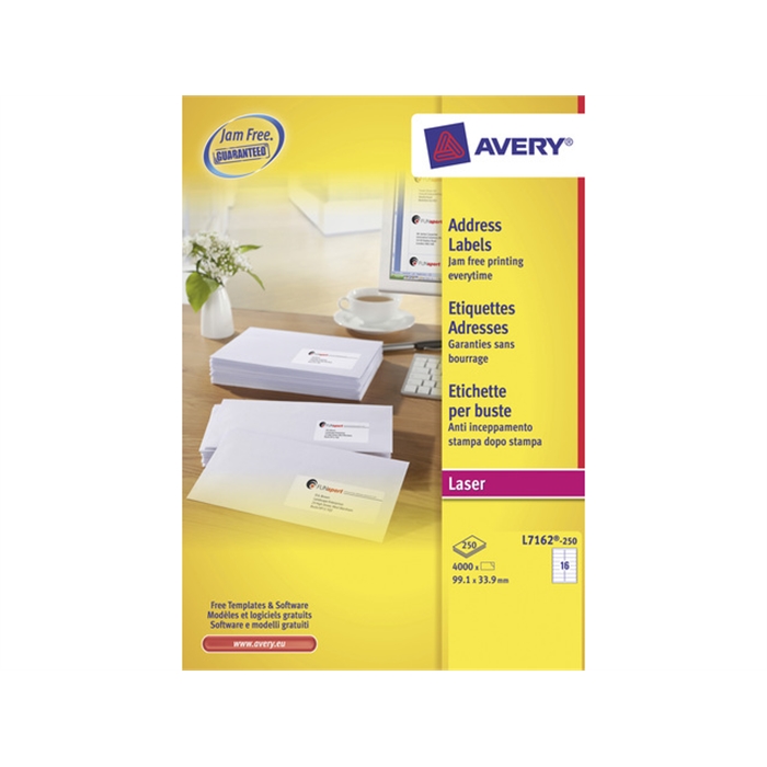 Image de AVERY AV-L7162-250 - Étiquette d'adresse facile à enlever 99,1x33,9 mm, Blanc, 100 feuilles, 16 étiquettes par feuille