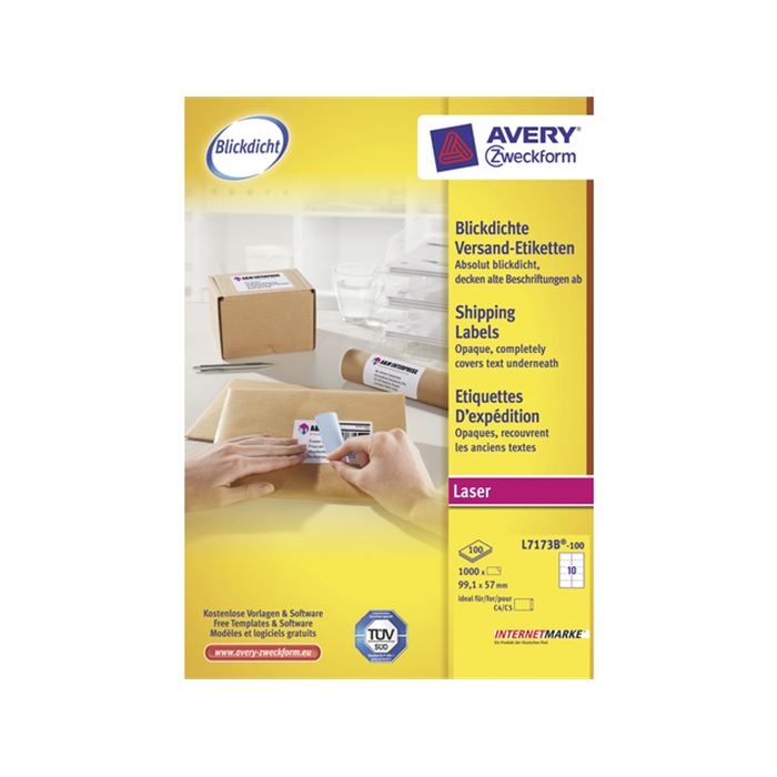 Image de AVERY AV-L7173B-100 - Étiquette d'adresse facile à enlever 99,1x57 mm, Blanc, 100 feuilles, 10 étiquettes par feuille