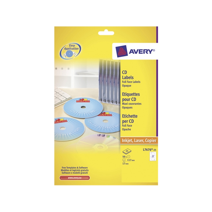 Afbeelding van AVERY AV-L7676-25 - CD etiket 117 mm, fullsize Wit, 25 vellen, 2 etiketten per vel