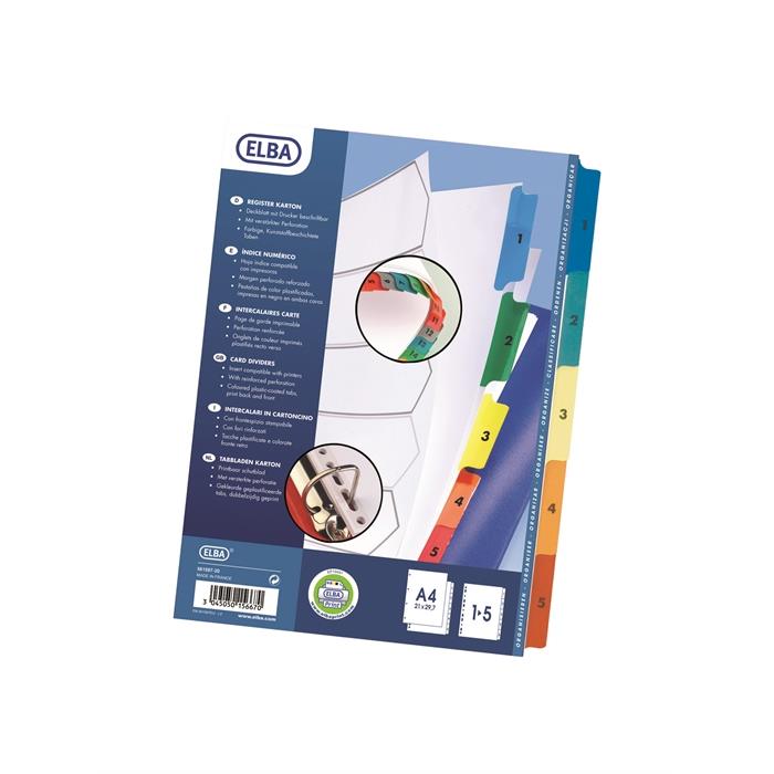 Afbeelding van ELBA witte kartonnen tabbladen met gekleurde tabs A4 5 tabs 1-5 11 gaats wit