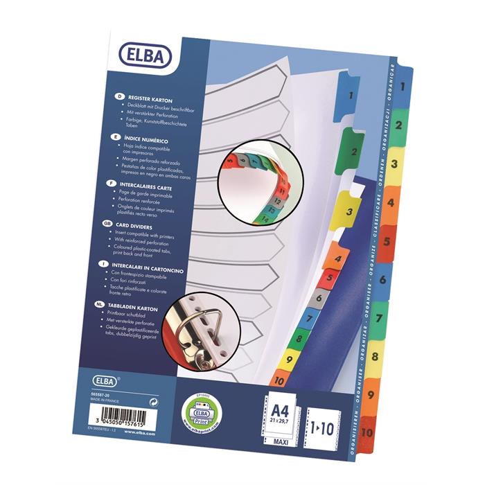 Afbeelding van ELBA witte kartonnen tabbladen met gekleurde tabs A4 XL 10 tabs 1-10 11 gaats wit