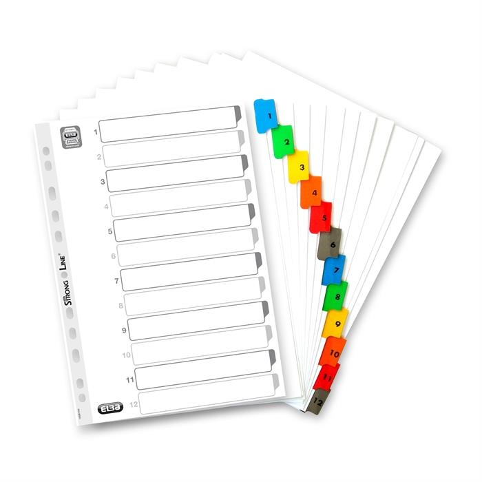 Afbeelding van ELBA witte kartonnen tabbladen met gekleurde tabs A4 XL 12 tabs 1-12 11 gaats wit