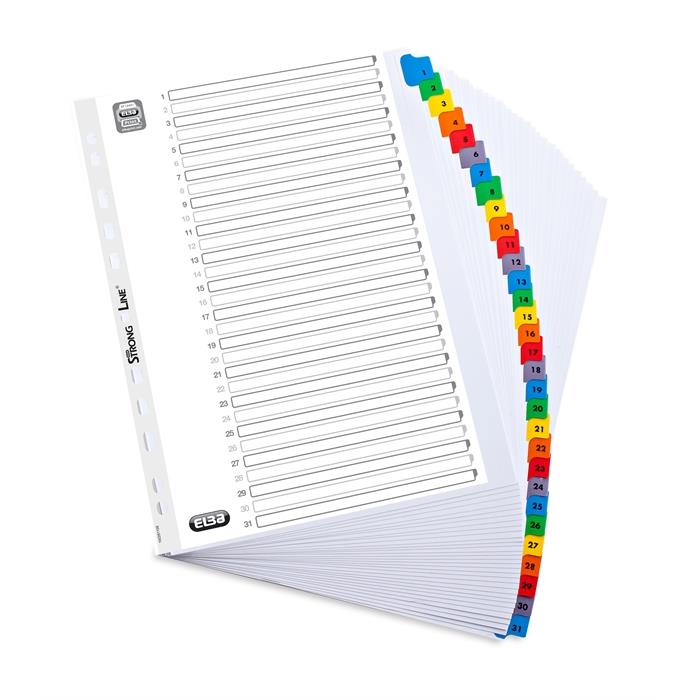 Afbeelding van ELBA witte kartonnen tabbladen met gekleurde tabs A4 XL 31 tabs 1-31 11 gaats wit
