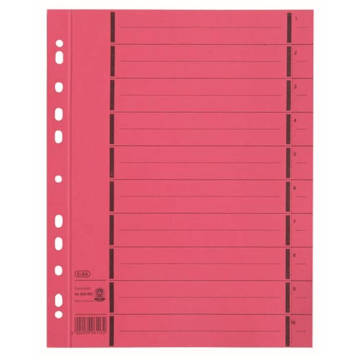 Afbeelding van ELBA gekleurde kartonnen tabbladen A4+ 10 tabs 1-10 11 gaats rood