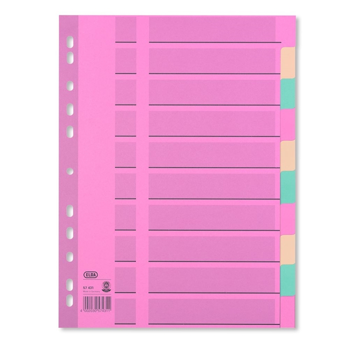 Afbeelding van ELBA gekleurde kartonnen tabbladen A4 10 tabs onbedrukt 11 gaats assorti