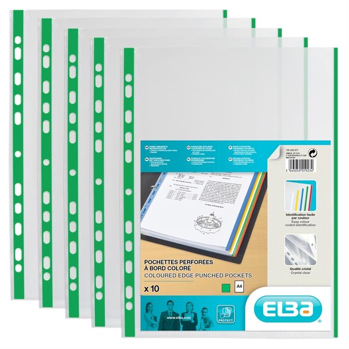 Image de ELBA pochette avec bords colorés A4 11 trous transparent PP vert pq 10