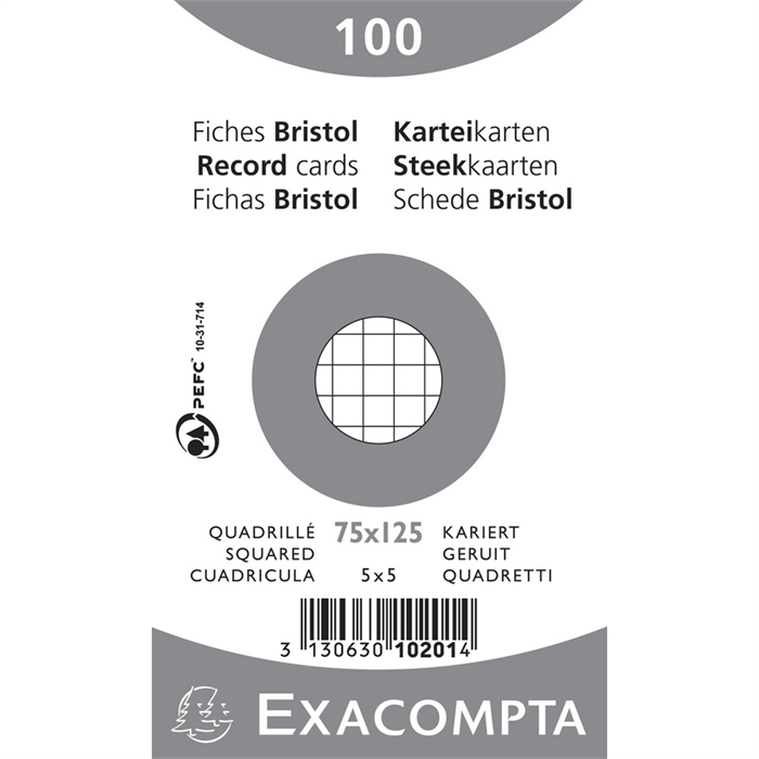 Afbeelding van Pak 100 steekkaarten bristol in folie- geruit 5x5 niet geperforeerd 75x125mm Wit