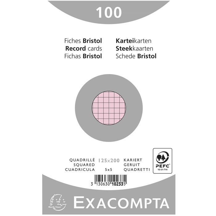 Afbeelding van Pak 100 steekkaarten bristol in folie - geruit 5x5 niet geperforeerd 125x200mm-Roze