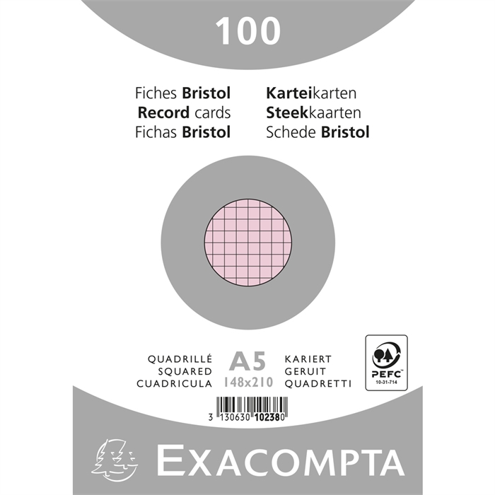 Afbeelding van Pak 100 steekkaarten bristol in folie - geruit 5x5 niet geperforeerd 148x210mm-Roze