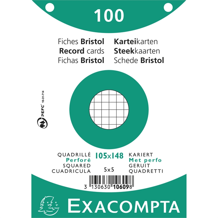 Image de EXACOMPTA 10609 - Paquet 100 fiches sous film - bristol quadrillé 5x5 perforé 105x148 mm