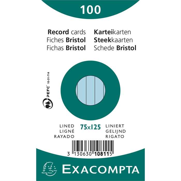 Afbeelding van EXACOMPTA 10811X - Pak 100 steekkaarten in folie - bristol gelijnd 75x120 mm