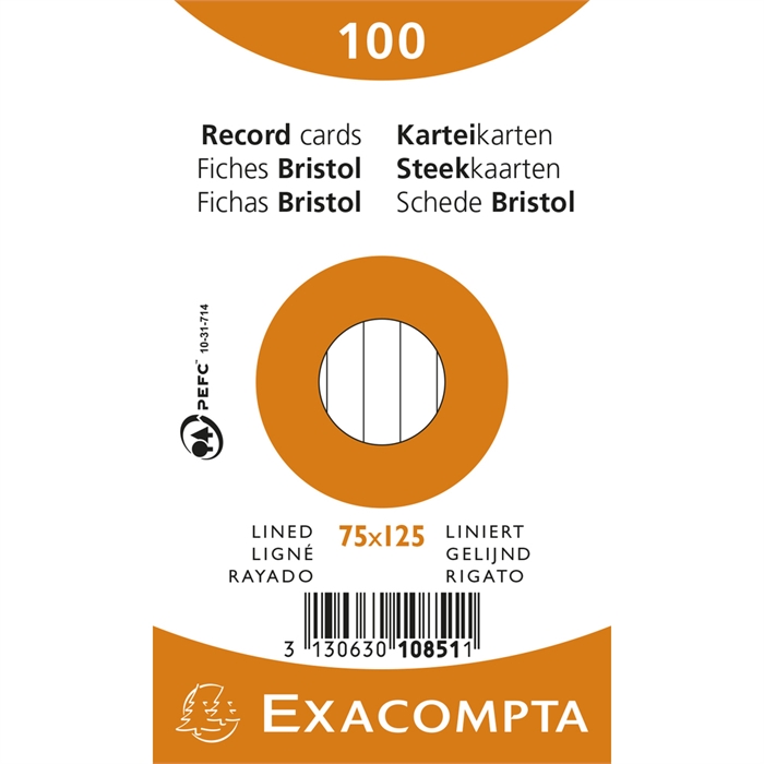 Afbeelding van EXACOMPTA 10851X - Pak 100 steekkaarten in folie - bristol gelijnd 75x120 mm