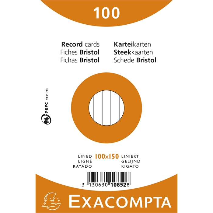 Afbeelding van EXACOMPTA 10852X - Pak 100 steekkaarten in folie - bristol gelijnd 100x150 mm