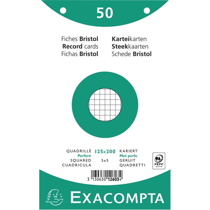 Afbeelding van EXACOMPTA 12603E - Pak 50 steekkaarten in folie - bristol geruit 5x5 geperforeerd - 125x200 mm