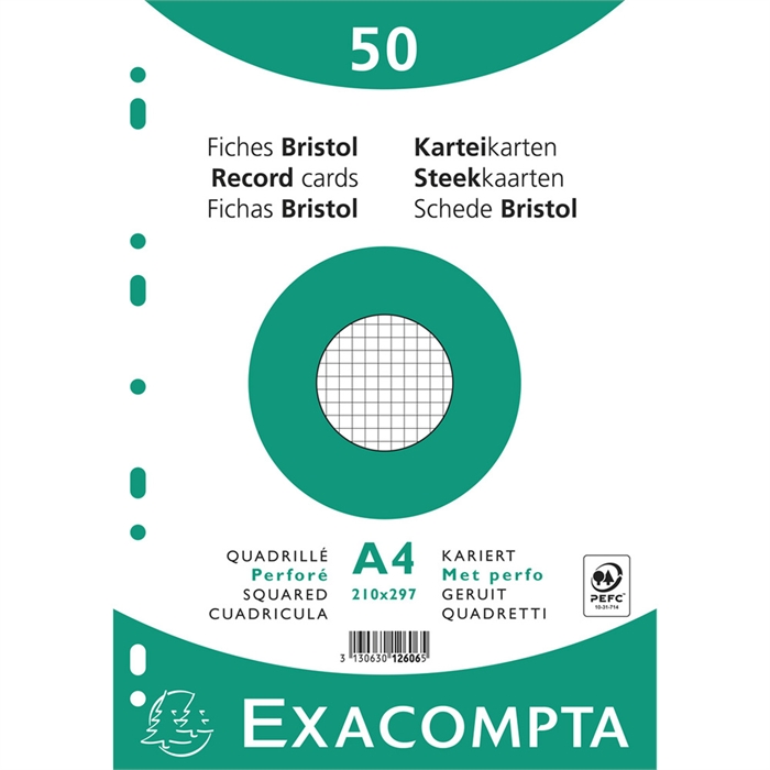 Afbeelding van EXACOMPTA 12606E - Pak 50 steekkaarten in folie - bristol geruit 5x5 geperforeerd - 210x297 mm