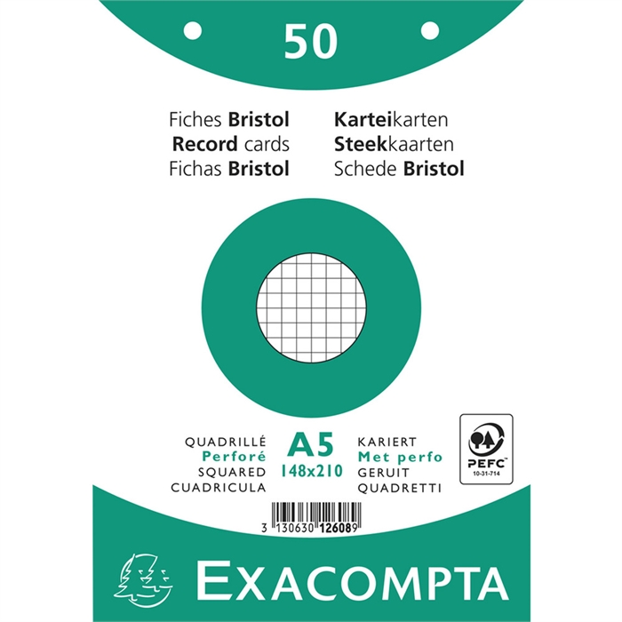 Afbeelding van EXACOMPTA 12608E - Pak 50 steekkaarten in folie - bristol geruit 5x5 geperforeerd, 148x210 mm