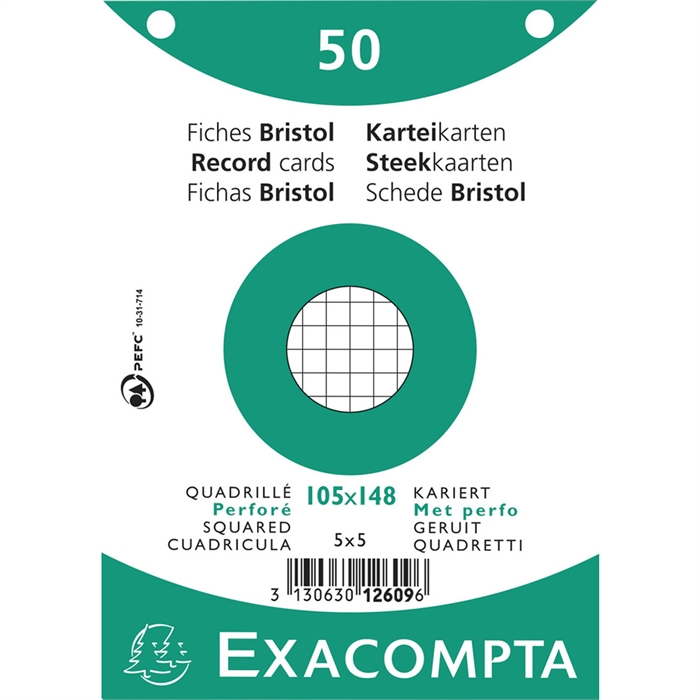 Image de EXACOMPTA 12609E - Paquet 50 fiches sous film - bristol quadrillé 5x5 perforé 105x148 mm
