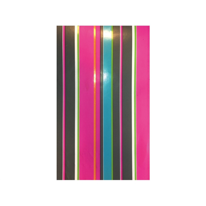 Afbeelding van kadopapier gestreept wit, rozegrijs, groen, oranje, blauw.                                30cmx100m