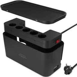 Image de ACROPAQ ACM004K - Boîte de rangement avec multiprise 5 voies 2500W et 3x chargeur rapide USB-A pour smartphones/tablettes Noir